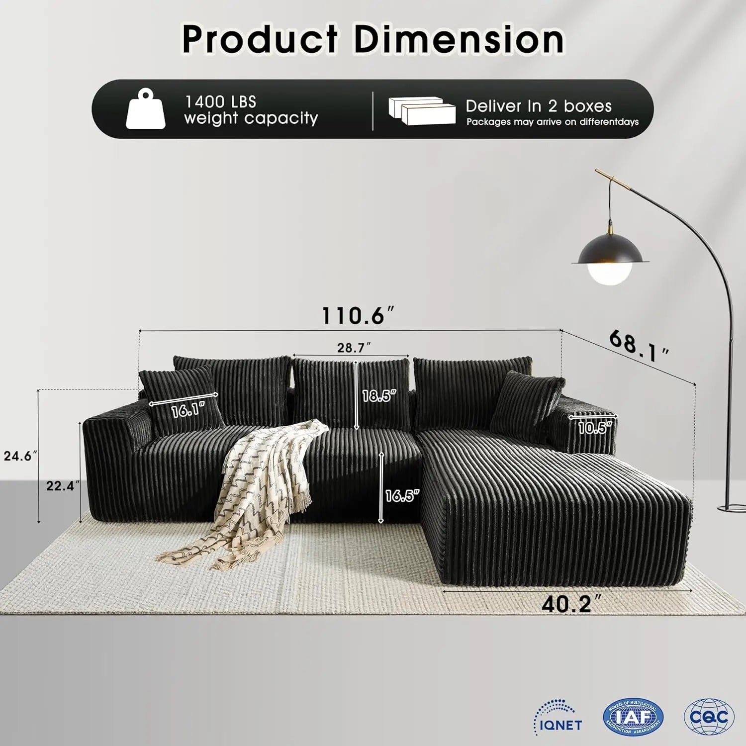 Modular Sectional Sofa L-Shape Deep Seat Corduroy Living Room Bedroom 110.4in, Customized