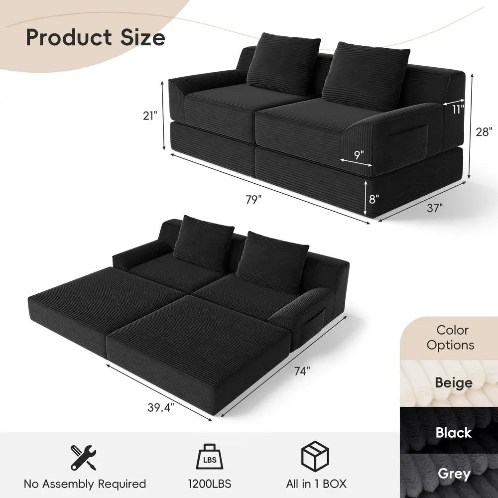 Sofa Bed, 79 Inch Boneless Couch, Corduroy Loveseat Sleeper, Oversized Double Lounge Chaise, Cloud Futon, Floor Sofa Modular Fut