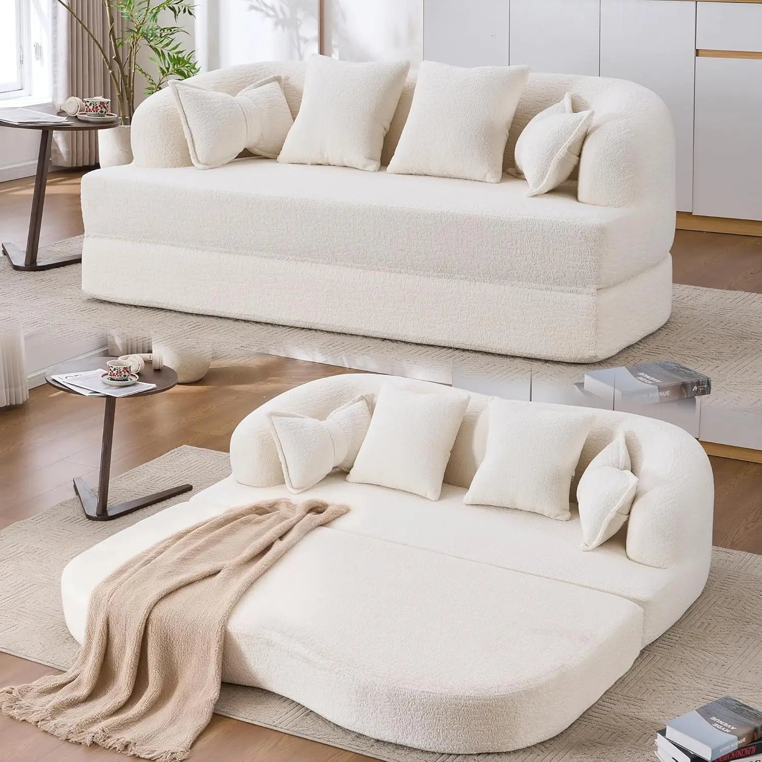 70"Convertible Folding Sofa Bed, 2-in-1 Boneless Loveseat Couch, Wood-grain Soft Chenille with 4 Pillows, Sleeper, Customized