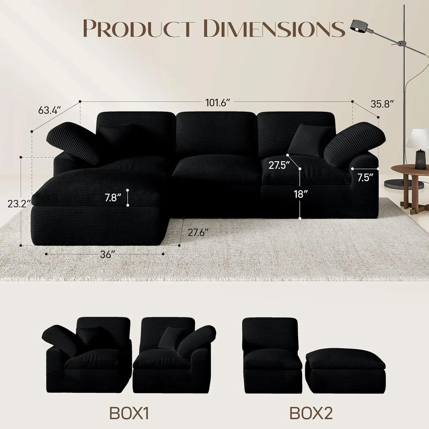 L Shaped Modular Sectional Sofa with Ottoman Corduroy Comfy 4 Seater No Assembly Living Room Apartment Black Customized