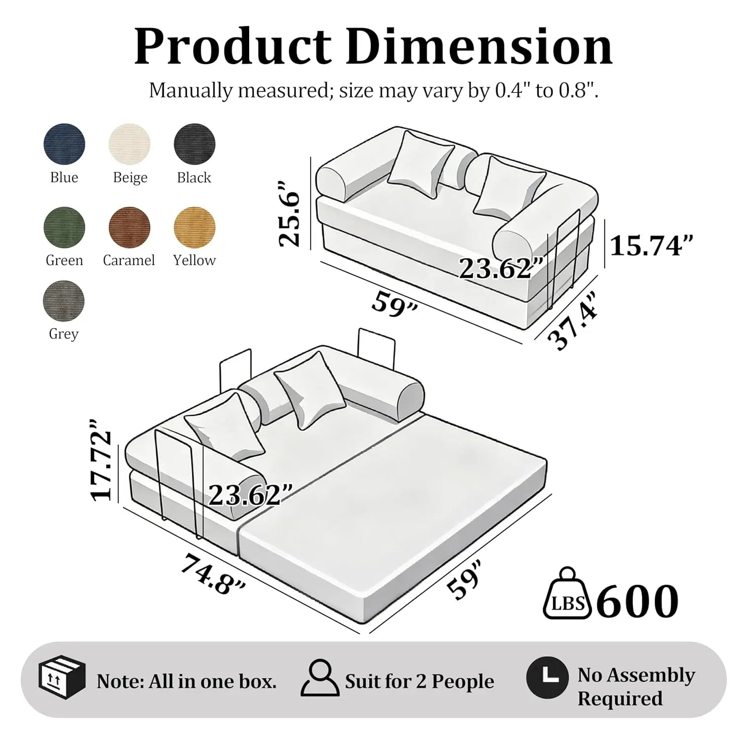 Convertible Compressed Corduroy Folding Cloud Sofa Bed, Modern Boneless Pull Out Loveseat Sleeper in a Box, 4, Customized