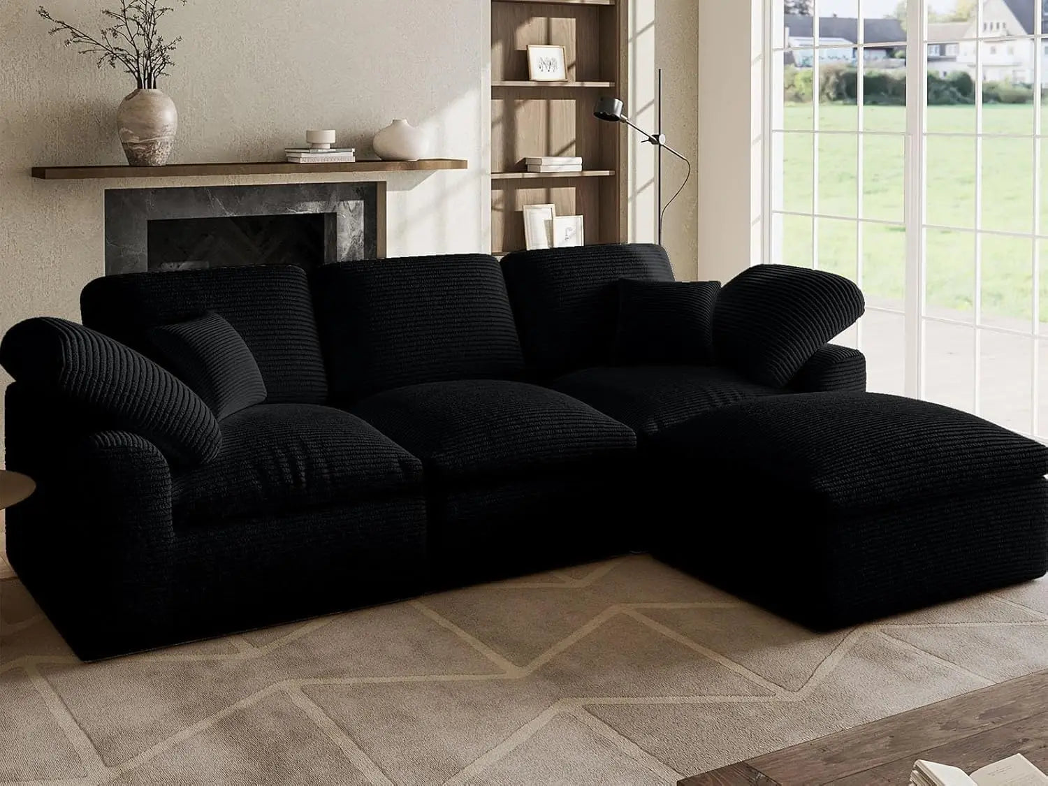 L Shaped Modular Sectional Sofa with Ottoman Corduroy Comfy 4 Seater No Assembly Living Room Apartment Black Customized